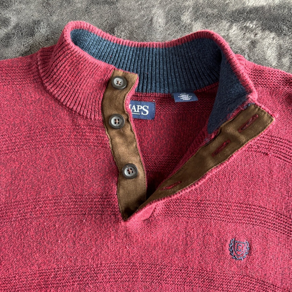 Chaps Mens Burgundy Red Textured Stripe Mock Neck Quarter Button Sweater Large - Picture 3 of 8